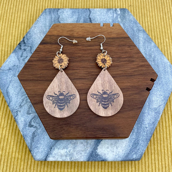 Wood Teardrop Earrings - Bee & Sunflower