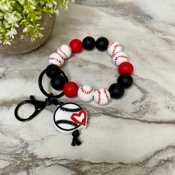 Wood & Silicone Bracelet Keychain - Red & Black Baseball