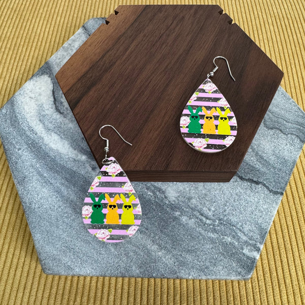 Acrylic Dangle Teardrop Earrings - Trio Bunny Floral Stripe