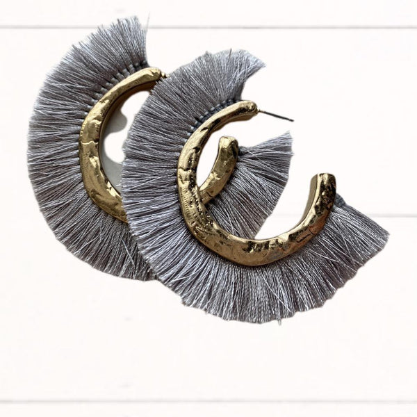 Gold and Gray Fringe Hoop Earrings