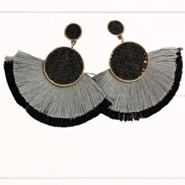 Black, Gray, and Gold Woven Earrings with Double Layer Fringe