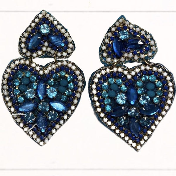 Beaded Blue Double Heart Earrings