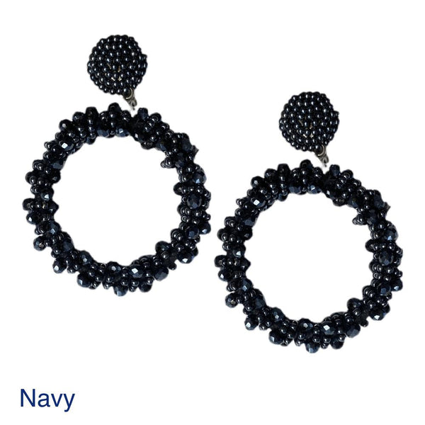 Navy Beaded Hoop Earrings