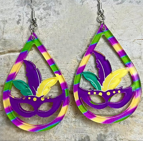 Acrylic Dangle Earrings - Mardi Gras Mask Cutout Teardrops
