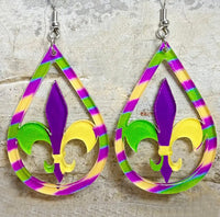 Acrylic Dangle Earrings - Mardi Gras Fleur de Lis Cutout Teardrops